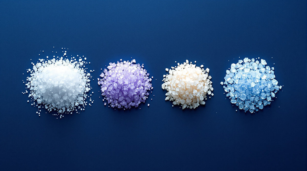 Four natural mineral crystals: sodium, potassium, magnesium, chloride