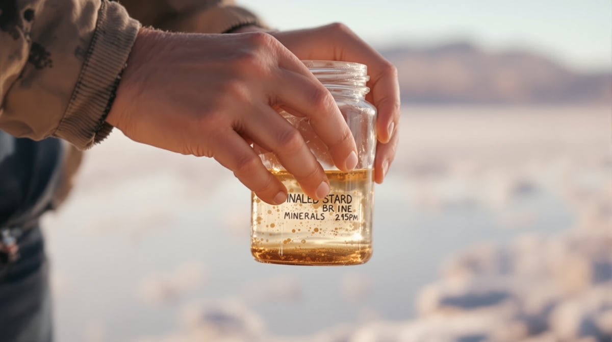 Hands holding a mineral sample jar at the Great Salt Lake